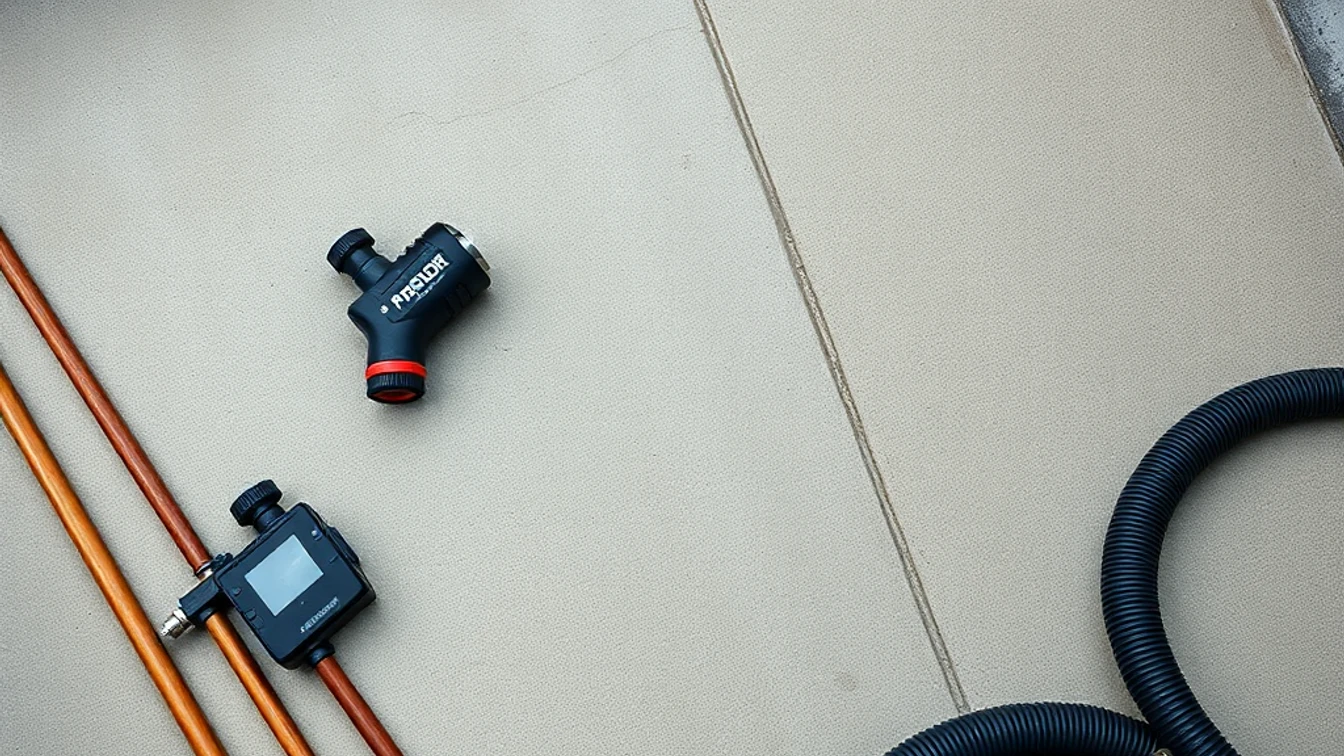 Flat-lay of drain rods, CCTV camera and jetting hose