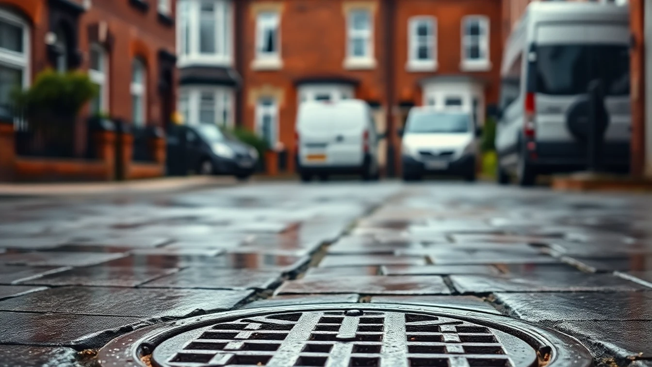 Wolverhampton Victorian terraced street with cast-iron drain grate on wet pavement