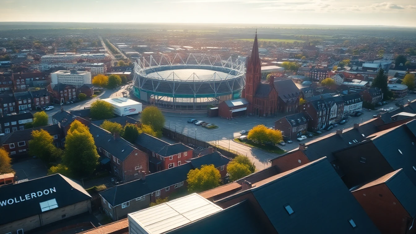 Aerial view of Wolverhampton city centre with Molineux Stadium and St Peter's Church visible