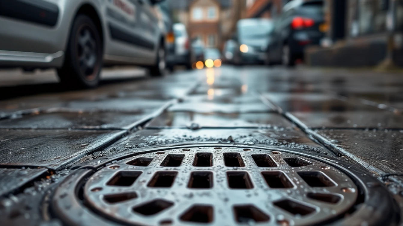 Drain grate on wet West Midlands pavement